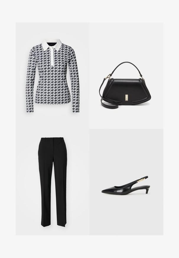 Long-sleeve polo shirt with a houndstooth pattern in navy and white. Features a white collar and button placket, made of a smooth fabric.; Black tailored trousers with a straight-leg design, featuring a smooth texture and crisp creases along the front. No visible hardware.; Black leather slingback heels with a pointed toe, featuring a slim heel and a gold-tone accent on the adjustable strap. Smooth texture.; Black leather handbag with a structured design, featuring a cropped shape, top handle, and gold hardware accent. Adjustable shoulder strap included.