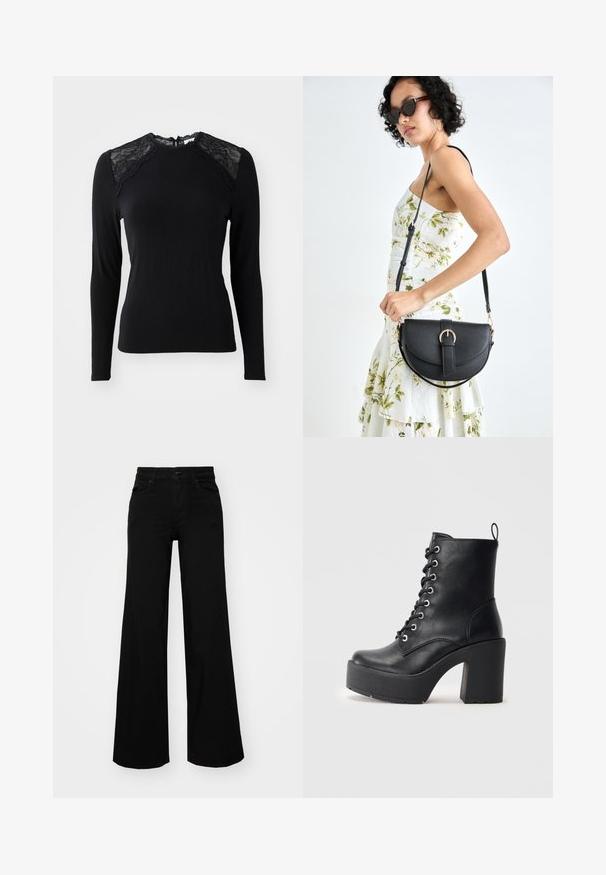 Black long-sleeve top made of soft fabric, featuring lace accents on the shoulders and a rounded neckline with a lace trim.; Black wide-leg pants made of denim, featuring a structured waistband, belt loops, and front pockets. Smooth texture with a classic design.; Black leather ankle boot with a chunky block heel, lace-up front, and textured surface. Features a tab on the back for easy wear.; Black leather handbag with a curved shape, detachable strap, and gold hardware. The bag features a flap with a buckle detail.
