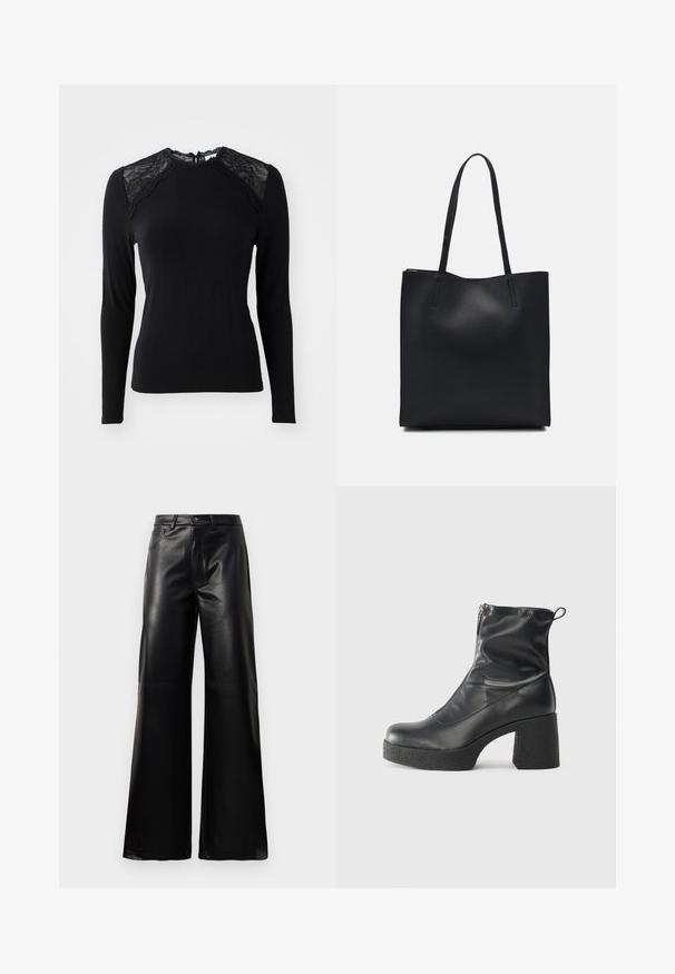 Fekete, hosszú ujjú felső, puha anyagból, csipkés díszítéssel a vállakon és kerek nyakkivágással, csipke szegéllyel.; Fekete, magas derekú, széles lábú, műbőr nadrág elülső gombbal, cipzárral, övbújtatókkal és oldalsó zsebekkel, fehér háttérrel.; Fekete bokacsizmák sima bőrből, oldalsó cipzárral, vastag, texturált sarkú és lekerekített orrú dizájnnal.; Fekete bőrtáska sima felszínnel, téglalap alakú, két hosszú füllel. Nincs látható fémkiegészítő vagy díszítés.