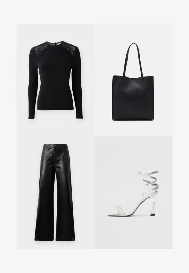 Fekete, hosszú ujjú felső, puha anyagból, csipkés díszítéssel a vállakon és kerek nyakkivágással, csipke szegéllyel.; Fekete, magas derekú, széles lábú, műbőr nadrág elülső gombbal, cipzárral, övbújtatókkal és oldalsó zsebekkel, fehér háttérrel.; Ezüst színű, magas sarkú szandál, csillogó pánt dizájnnal, gyöngyszerű díszítéssel és spirális bokapánttal a biztos illeszkedés érdekében.; Fekete bőrtáska sima felszínnel, téglalap alakú, két hosszú füllel. Nincs látható fémkiegészítő vagy díszítés.