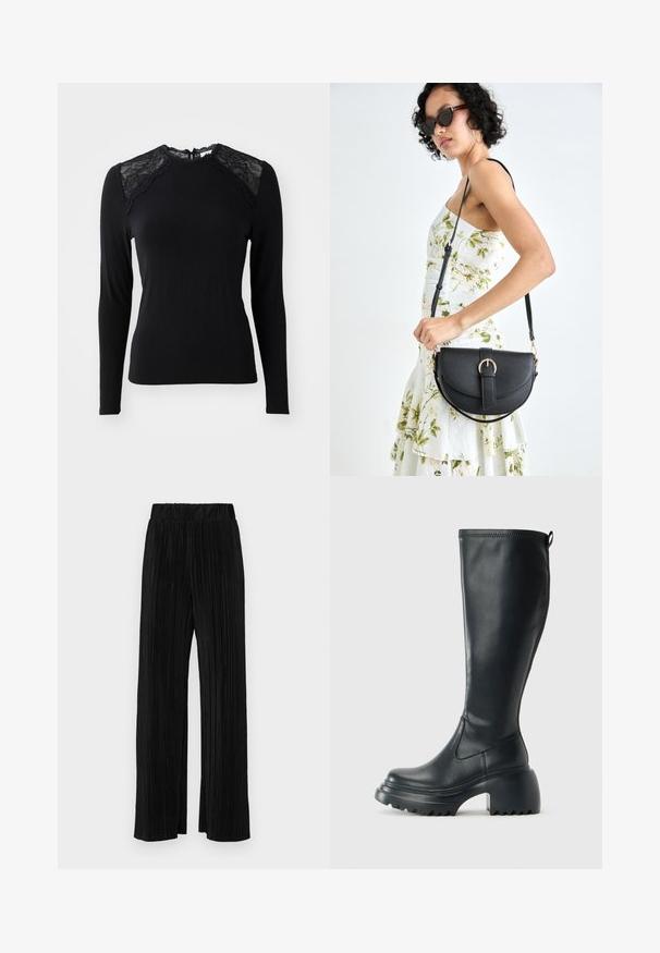 Fekete, hosszú ujjú felső, puha anyagból, csipkés díszítéssel a vállakon és kerek nyakkivágással, csipke szegéllyel.; Fekete pliszírozott nadrág gumis derekkal. Széles lábakkal rendelkezik, sima, texturált anyagból készült, függőleges csíkokkal.; Magas fekete bőrcipő, vastag platform talppal és blokk sarokkal, húzófüllel és texturált profillal az outsole-on.; Fekete bőrtáska ívelt formával, levehető pánttal és arany színű fémrészekkel. A táskán egy csattal díszített fedél található.