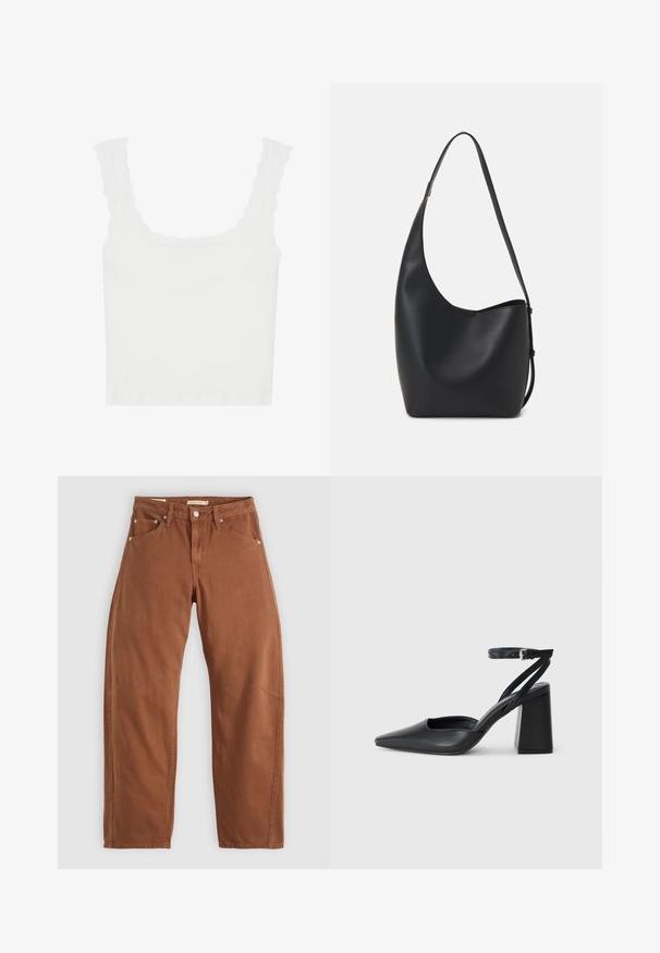Biely rebrovaný top na ramienka s ozdobnými okrajmi na popruhoch a výstrihu, s priliehavým strihom a mäkkou textúrou.; Hnedohnedé rovné džínsy so prednými a zadnými vreckami, kovovými nýtmi, zapínaním na gombík a pútkami na opasok, položené na bielom pozadí.; Čierne kožené lodičky s špicatou špičkou a členkovým remienkom, s masívnym podpätkom. Hladký povrch, elegantný dizajn a minimalistická estetika.; Čierna kožená hobo taška so hladkou textúrou, zakriveným tvarom a jedným nastaviteľným popruhom; má široké otvorenie na vrchu.