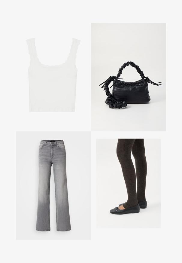 Hvid ribbet tanktop med bølgede kanter på stropperne og udskæringen, i en tætsiddende pasform og blød tekstur.; Højtaljede grå denim jeans med lige ben, med frontknap og lynlås, foran og bagpå lommer, samt nedtoning på lår og lægge.; Sorte flade sko med en lille sløjfedetalje ved tåen, parret med mørkebrune ribbede strømpebukser. Skoene har en glat overflade og lav profil.; Sort kunstlæder håndtaske med krokodilteksur, indsnøret top og en sammenkrøben rem. Ser blød og kompakt ud i designet.