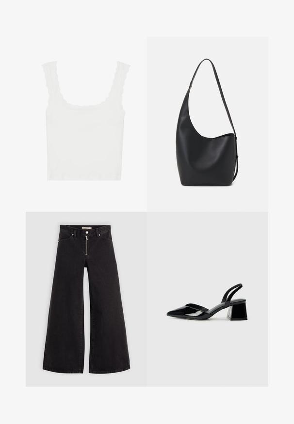 Fehér bordás ujjatlan felső, hullámos szegéllyel a pántokon és a nyakvonalon, testhez simuló fazonnal és puha textúrával.; Fekete denim széles szárú farmer, cipzáros elejével, öt zsebes kialakítással és diszkrét varrással. Sima textúra és laza stílus.; Fekete lakk bőr szandálkés magas sarkú cipő, hegyes orral és geometrikus tömbsarkakkal. Karcsú, minimalista dizájn és sima textúra jellemzi.; Fekete bőr hobo táska sima textúrával, ívelt formával és egyetlen állítható pánttal; széles nyílás található a tetején.