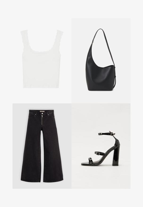 Valkoinen ribbattu toppi, jossa on aaltoilevat reunat olkaimissa ja kaula-aukossa, muotoilu istuu hyvin ja on pehmeä kangas.; Mustat leveälahkeiset farkut, joissa on vetoketjufrunti, viisi-taskuinen muotoilu ja hienovaraiset ompelusyyt. Sileä pinta ja rento tyyli.; Musta kiiltävä korkokenkä sandaalit neliönmuotoisella varpaalla, nilkkaremmillä ja hopeisilla soljilla. Varustettu tukevalla lohkokorkealla vakauden takaamiseksi.; Musta nahkainen hobo-laukku, jossa on sileä pinta, kaareva muoto ja yksi säädettävä olkahihna; sisäänkäynti on leveä ylhäältä.