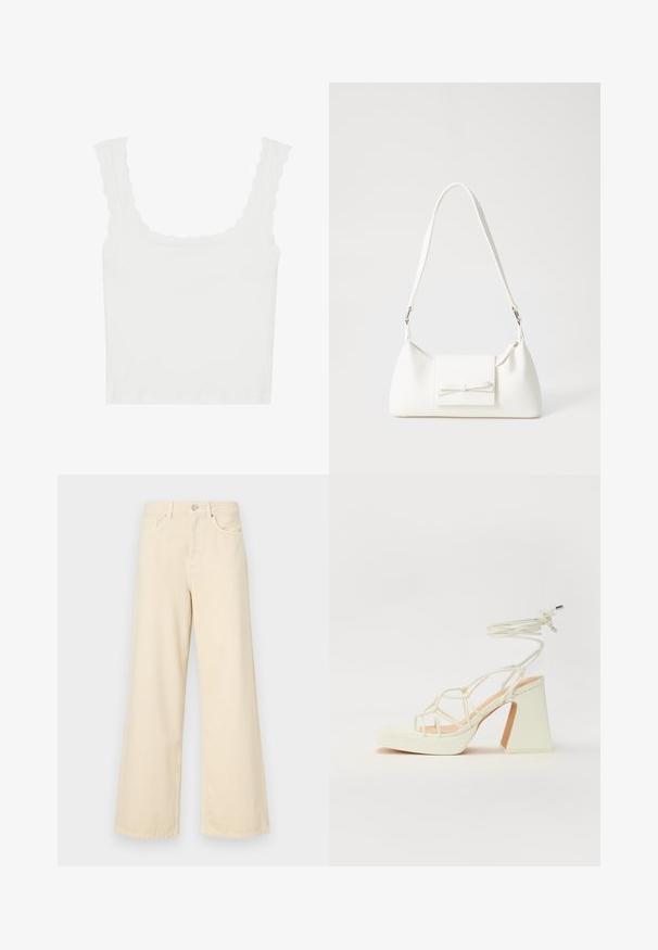 Top din bumbac alb, cu model în vase, având margini ondulate la bretele și decolteu, cu o formă ajustată și o textură moale.; Blugi bej cu croi larg, din bumbac. Au închidere cu nasture, bucle pentru curea și buzunare frontale, cu o textură netedă și moale.; Sandale albe cu toc înalt și gros, cu un design cu curele și legătură la gleznă. Textură netedă, cu o platformă frontală pentru înălțime suplimentară.; Geantă sintetică albă, cu formă triangulară, capac frontal plat și detaliu cu fundă, curea ajustabilă, textură netedă și design minimalist.