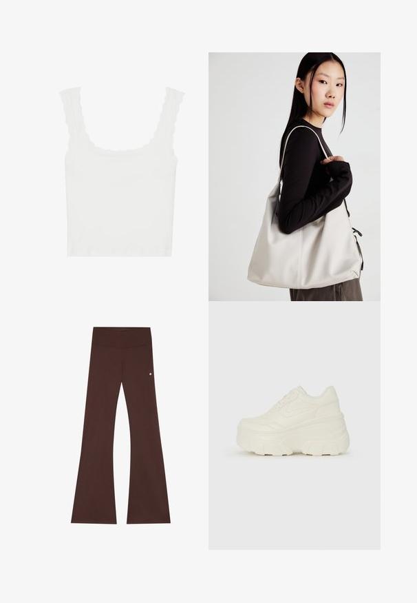 Bílý žebrovaný top bez rukávů s vlnitými okraji na ramínkách a výstřihu, s přiléhavým střihem a měkkou texturou.; Hnědé rozšířené kalhoty z měkké tkaniny, s širokým pasem, hladkým povrchem a malým logem na boku.; Bílé platformové tenisky s hladkým svrškem podobným kůži, zaobleným tvarem, polstrovaným límcem a texturovanou gumovou podrážkou s vyznačenými vzory.; Beige kabelka vyrobená z měkkého materiálu, s volným designem, prošívanými detaily a dvěma ramenními popruhy. Vhodná pro každodenní použití.