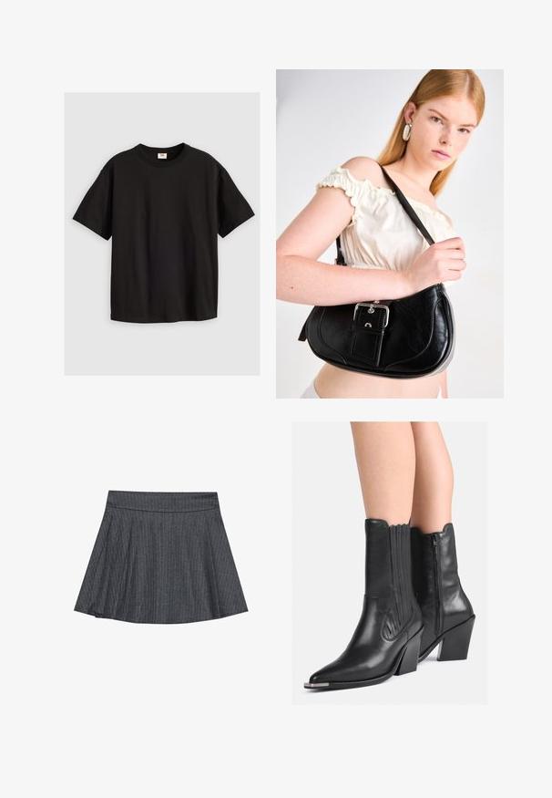 Fekete pamut póló rövid ujjakkal, kerek nyakkivágással és laza fazonnal. Simaszerkezet, mintázat vagy további díszítések nélkül.; Szürke csíkozott korcsolyaszoknya, illeszkedő derékbetéttel, ellapult A-vonalú fazonnal és puha szövet textúrával. A függőleges vonalak fokozzák a vizuális vonzerőt.; Fekete bőr, középmagas szárú cowboy csizma hegyes orral, magasított sarkakkal, oldalsó cipzárral és díszített varrással, mezítláb viselve.; Fekete bőrtáska, kerekített formával, fényes ezüst kiegészítőkkel és levehető címkével. Simább tapintású, finom varrási részletekkel.; Tizenkét darabból álló fülgyűrű készlet ezüst és arany árnyalatokban. Csavarodott, sima és texturált mintázatokat ölel fel, különböző méretekben és felületekkel.