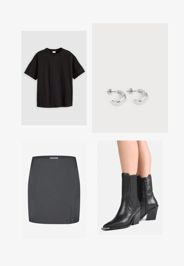 Fekete pamut póló rövid ujjakkal, kerek nyakkivágással és laza fazonnal. Simaszerkezet, mintázat vagy további díszítések nélkül.; Envii SPLIT - Ceruzaszoknya - grey; Fekete bőr, középmagas szárú cowboy csizma hegyes orral, magasított sarkakkal, oldalsó cipzárral és díszített varrással, mezítláb viselve.; Ezüst karika fülbevalók sima, fényes felülettel. Kerek forma, enyhén ívelt dizájnnal és összemosott szélekkel. Rögzítő csattal.