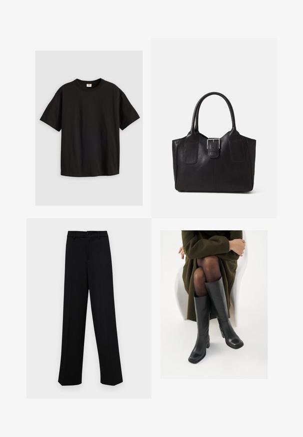Čierne bavlnené tričko s krátkymi rukávmi, okrúhlym výstrihom a voľným strihom. Hladká textúra, bez vzorov alebo dodatočných prvkov.; Čierne široké nohavice vyrobené z hladkej látky, s klasickým pásom a zapínaním na gombík, a prednými skladmi.; Čierne kožené čižmy po kolená so štvrtým prstom a blokovým opätkom, zobrazené s modelom sediacim v olivovo zelenej bunde. Hladká textúra, minimálne detaily.; Čierna kožená taška s hladkou textúrou, štruktúrovaným tvarom, dvoma uchami a výrazným strieborným prackovým detailom na prednej strane.