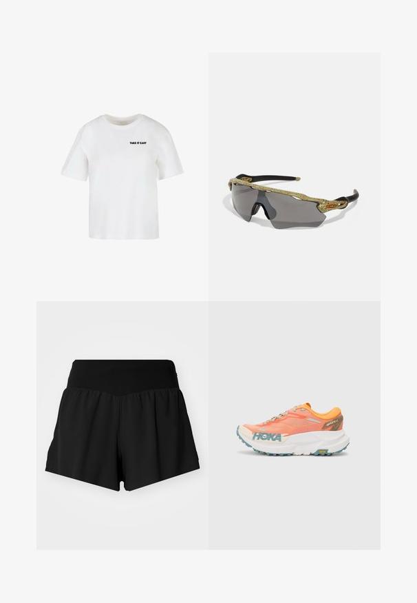 Biała koszulka z krótkim rękawem, wykonana z bawełny, z okrągłym dekoltem i napisem "TAKE IT EASY" wydrukowanym na przodzie w kolorze czarnym.; Czarne sportowe szorty z szerokim, gładkim pasem, luźnym materiałem w kształcie litery A oraz bocznymi rozporkami zapewniającymi lepszą swobodę ruchów.; Pomarańczowe i różowe buty biegowe z siateczkową cholewką, białą podeszwą środkową, podeszwą Vibram oraz jasnoniebieskimi akcentami. Zawierają logo HOKA na boku.; Okulary przeciwsłoneczne sportowe z zielonym wzorzystym oprawkiem, czarnymi ramionami i szarymi szkłami. Projekt charakteryzuje się stylem owinięcia wokół głowy i odważnym, sportowym kształtem.