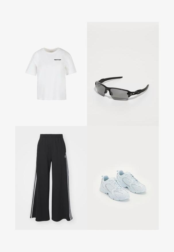 Bela kratka majica z rokavi iz bombaža, ki ima okroglo ovratnico in na sprednji strani natisnjen napis "TAKE IT EASY" v črni barvi.; Črne široke trenirke z elastičnim pasom, ki imajo bele stranske proge in vezeno logo na levi stegna.; Svijetloplave atletske cipele s mrežastim i sintetičkim gornjim dijelom, s bijelim točkicama i reflektirajućim detaljima, vezice, te jastučićima u unutrašnjosti.; Črne športne sončne očala z sivimi lečami, zasnovo ukrivljenega okvirja in podrobnostmi logotipa na strani. Narejena iz lahkega plastičnega materiala.