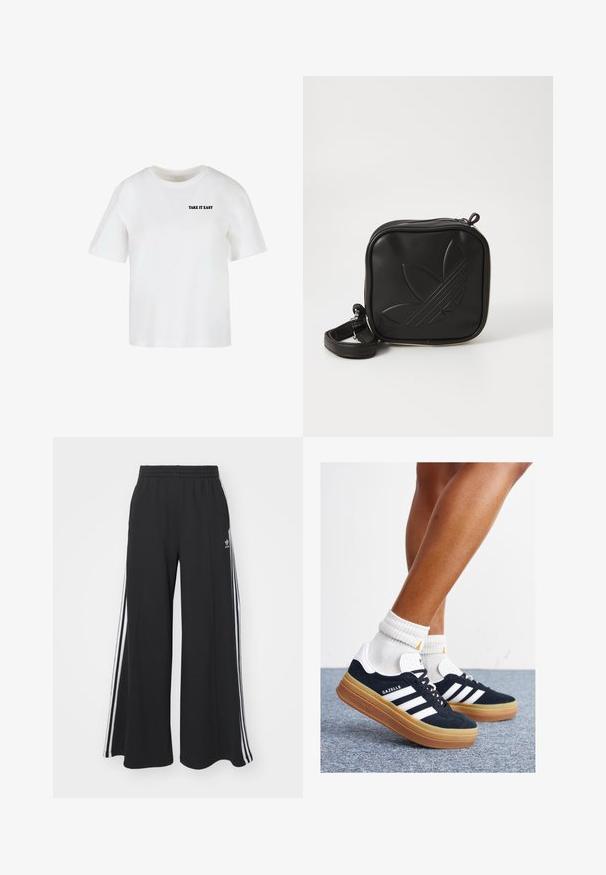 Witte korte mouwen t-shirt van katoen, met een ronde halslijn en de tekst "TAKE IT EASY" in het zwart gedrukt op de voorkant.; Zwarte wijde sweatpants met een elastische tailleband, met witte zijstrepen en een geborduurd logo op de linker dij.; Zwarte suède sneakers met witte strepen en accenten, ronde neus, gum rubberen buitenzool, gecombineerd met witte geribbelde crewkousen.; Zwarte vierkante crossbody tas van gestructureerd synthetisch materiaal. Met een reliëflogo ontwerp en een verstelbare schouderband. Ritssluiting.