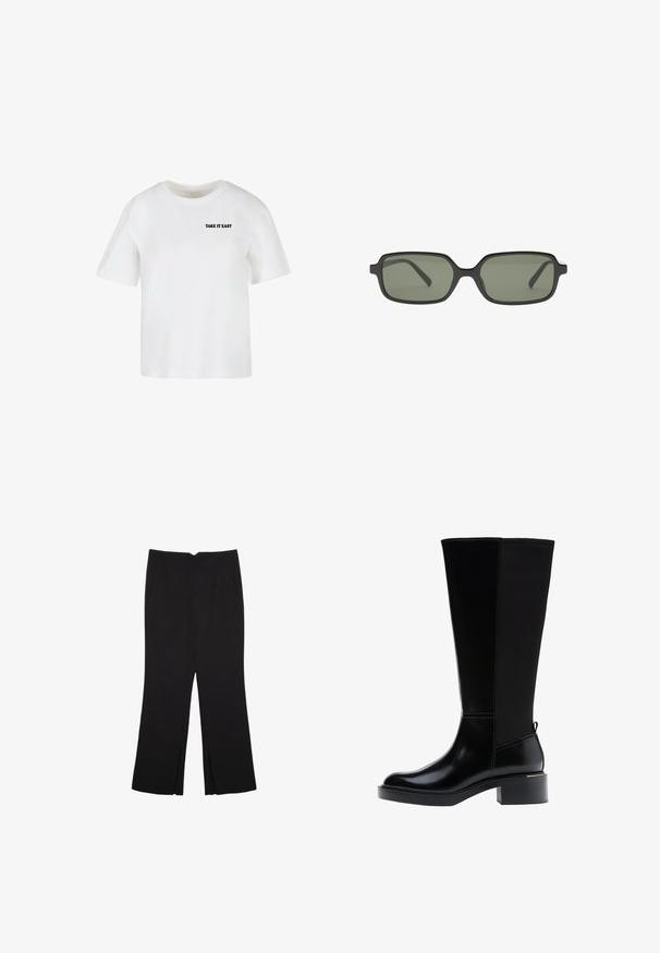 Bijela kratkotrajna majica kratkih rukava od pamuka, s okruglim izrezom i natpisom "TAKE IT EASY" ispisanim crnom bojom na prednjoj strani.; Crne hlače ravnog kroja, s prednjim džepovima i bočnim prorezima na rubu. Izrađene od mekog i glatkog materijala. Pogodne za razne prigode.; Crna čizma do koljena s glatkom kožnom završnom obradom, istaknutim šavovima, masivnom petom i teksturiranim stražnjim panelom za dodatni interes.; Crne pravokutne sunčane naočale s tamnozelenim lećama, s ravnim dizajnom, minimalističkim bočnim dijelovima i laganim okvirom za udobnost.