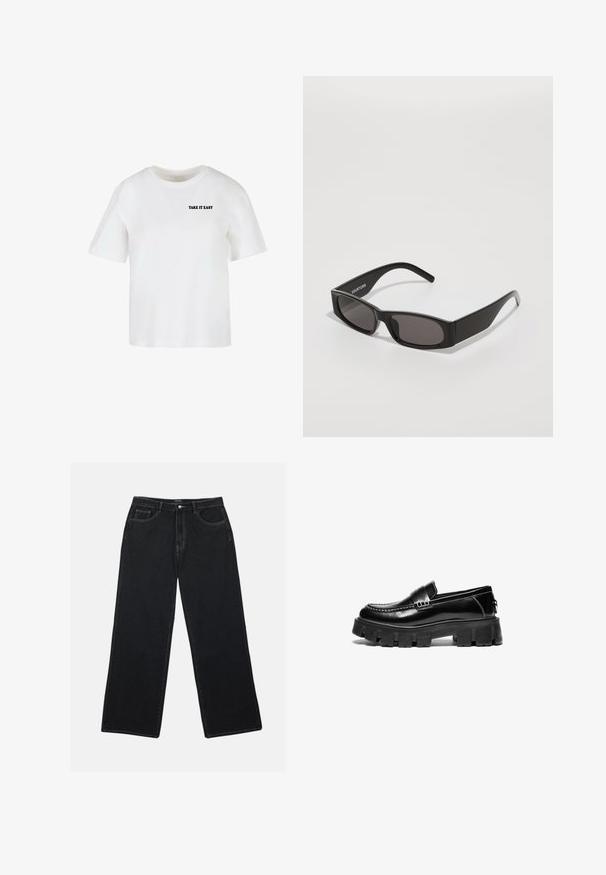 Hvid kortærmet t-shirt lavet af bomuld med en rund halsudskæring og teksten "TAKE IT EASY" trykt i sort på forsiden.; Sorte denim bukser med vidde har en høj talje, frontlommer og kontrasterende syninger. Stoffet har en glat, let struktureret overflade.; Sorte læder loafers med kraftig gummisål, dekorativ strop over vristen og kontrasterende hvid syning. Glat tekstur med rund tå.; Sorte rektangulære solbriller med mørke linser, en glat plastikramme og et subtilt logo på venstre arme. Minimalistisk design.