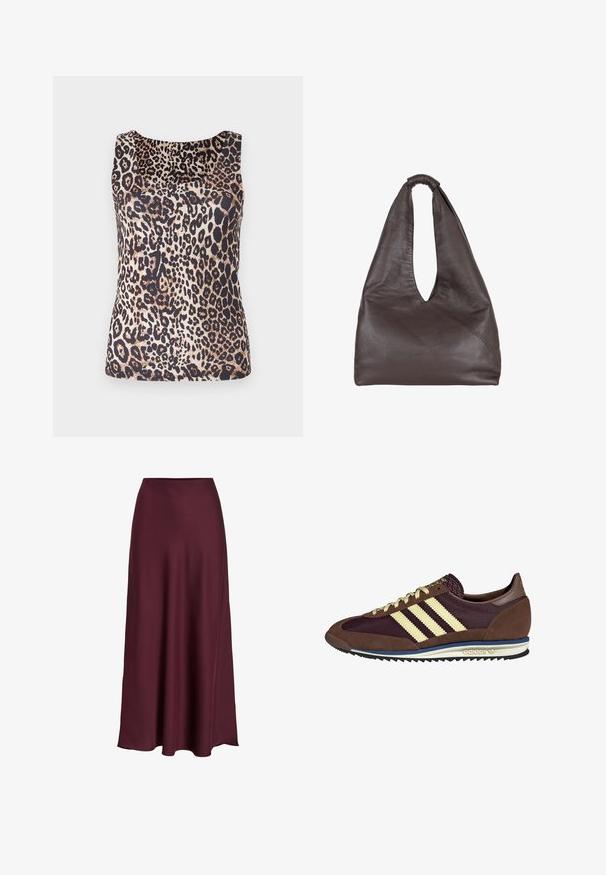 Αμάνικο τοπ με σχέδιο λεοπάρ που συνδυάζει καφέ και μαύρες αποχρώσεις, φτιαγμένο από μαλακό και ελαφρύ ύφασμα, με στρογγυλή λαιμόκοψη.; Μαξι φούστα από σατέν σε μπορντώ χρώμα με λείο υφή, ψηλή μέση και ρέουσα σιλουέτα που ανοίγει απαλά προς την άκρη.; Καφέ και μπορντό αθλητικά παπούτσια με σουέντ και διχτυωτά υλικά, που διαθέτουν τρεις κρεμ ρίγες, υφή στο ύφασμα της γλώσσας και καουτσούκ σόλα.; Καφέ δερμάτινη τσάντα με χαλαρή, υπερμεγή σχεδίαση. Διαθέτει χειρολαβή με βρόχο και βαθιά κοπή V για εύκολη πρόσβαση. Μαλακή υφή, μινιμαλιστικό στυλ.