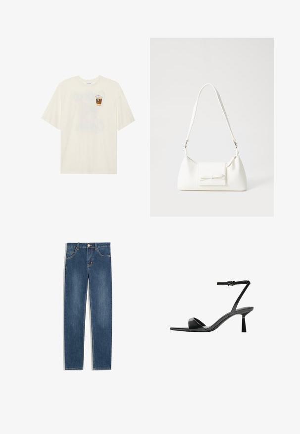 Cremfarvet bomulds t-shirt med korte ærmer, der har et grafik af en smilende kaffekop på venstre bryst. Enkel, afslappet pasform.; Mørkeblå denim jeans med lige pasform, fem lommer, diskrete syninger og en metalknap ved taljen.; Bershka Højhælede sandaletter / Højhælede sandaler - black; Hvid syntetisk håndtaske med en trekantet form, flad forsideklap og sløjfedetalje, justerbar strop, glat tekstur og minimalistisk design.
