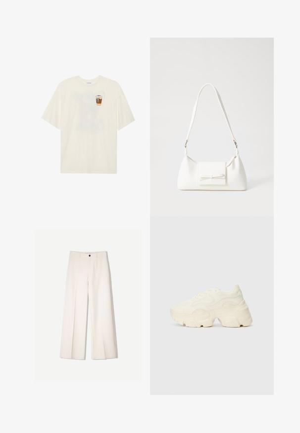 Kremno barvana bombažna majica s kratkimi rokavi, ki na levem prsnem delu prikazuje grafiko nasmejane skodelice kave. Enostaven, sproščen kroj.; Kremne široke hlače s krojem, ki vključujejo dve sprednji žepi in en sprednji gumb za zapiranje, izdelane iz gladkega blaga.; Debele bele športne copate, izdelane iz teksturirane mrežaste in sintetične materialov, z debelim podplatom in zapletenimi vzorčičnimi detajli ob straneh.; Bela sintetična torbica v obliki trikotnika, z ravnim sprednjim poklopcem in detajlom mašne, nastavljivim trakom, gladko teksturo in minimalističnim dizajnom.