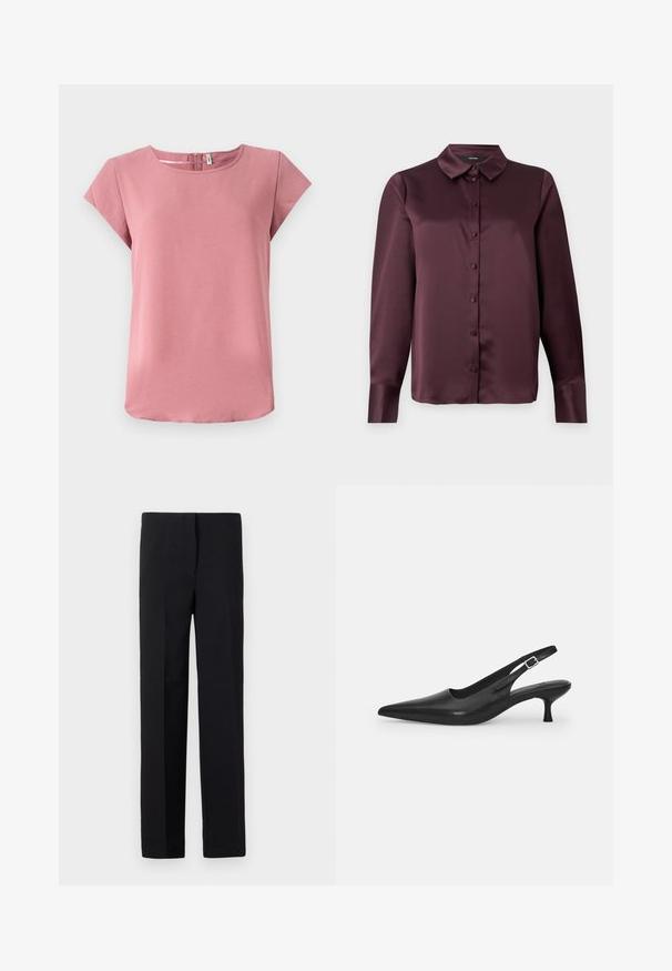Różowa bluzka z krótkim rękawem o gładkiej fakturze, okrągłym dekolcie i zamku błyskawicznym z tyłu. Charakteryzuje się luźnym krojem i zaokrąglonym dołem.; Burgundowa satynowa bluzka zapinana na guziki z klasycznym kołnierzykiem, długimi rękawami i gładką teksturą. Posiada zapięcie z przodu z dopasowanymi guzikami.; Czarne dopasowane spodnie o prostym kroju, z gładką fakturą i bez widocznych wzorów. Standardowy pas i czyste wykończenie.; Czarne skórzane buty typu slingback z wydłużonym noskiem i smukłym, zakrzywionym obcasem. Posiadają dyskretny regulowany pasek z metalową klamrą.