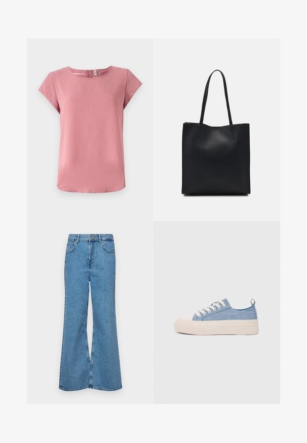 Rózsaszín, rövid ujjú top sima textúrával, kerek nyakkivágással és hátsó cipzárral. Lazán illeszkedik és ívelt hempergővel rendelkezik.; Világoskék, trapézszárú farmernadrág, magas derékkal, öt zsebbel és egy gombos záródással. Puha tapintású, magasított effektusú anyag.; Világoskék vászon sportcipők, krémszínű gumitippel és talppal, fehér fűzőkkel és egy húzófüllel a sarkán.; Fekete bőrtáska sima felszínnel, téglalap alakú, két hosszú füllel. Nincs látható fémkiegészítő vagy díszítés.