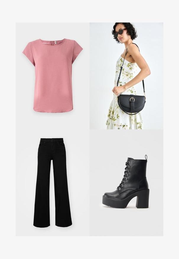 Rosa kurzärmliges Oberteil mit glatter Textur, rundem Halsausschnitt und Reißverschlussdetail auf der Rückseite. Verfügt über eine lässige Passform und einen abgerundeten Saum.; Schwarze weit geschnittene Hose aus Denim, mit einem strukturierten Bund, Gürtelschlaufen und Fronttaschen. Glatte Textur mit klassischem Design.; Schwarze Leder-Ankle-Boots mit klobigem Blockabsatz, Schnürung vorne und strukturierter Oberfläche. Mit einer Lasche auf der Rückseite für einfaches Anziehen.; Schwarze Lederhandtasche mit geschwungener Form, abnehmbarem Tragegurt und goldenen Beschlägen. Die Tasche verfügt über einen Deckel mit einer Schnallen-Details.