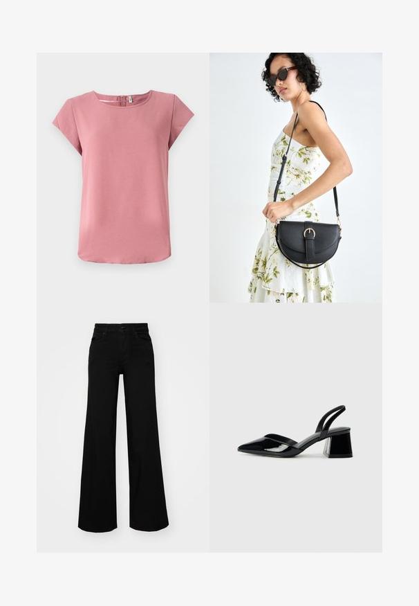 Lyserød kortærmet top med en glat tekstur, rund halsudskæring og lynlåsdetalje på ryggen. Har en afslappet pasform og buet kant.; Sorte bukser med bred benvidde lavet af denim, med en struktureret talje, bæltesløjfer og forlommer. Glat tekstur med et klassisk design.; Sorte patentlæder slingback hæle med spids tå og en geometrisk blok hæl. Har et elegant, minimalistisk design og en glat tekstur.; Sort læderhåndtaske med en buet form, aftagelig rem og guldfinish. Tasken har en klap med en spænde detalje.