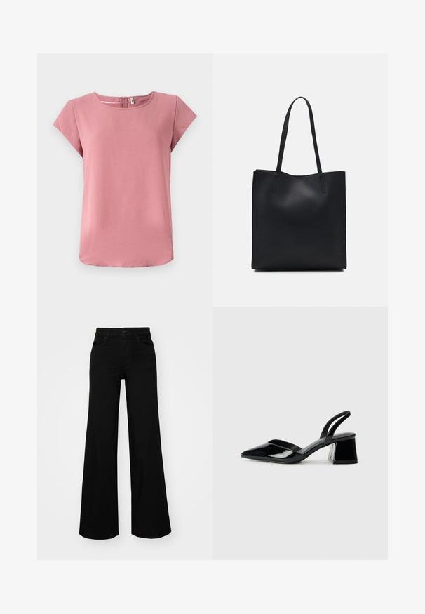 Top rosa de manga curta com uma textura suave, decote redondo e detalhe de fecho atrás. Apresenta um ajuste solto e uma bainha curva.; Calças largas pretas em denim, com uma cintura estruturada, passantes para cinto e bolsos frontais. Textura suave com um design clássico.; Sandy em verniz preto com salto slingback, ponta afilada e salto geométrico. Apresenta um design elegante e minimalista com textura suave.; Bolsa tote preta em couro com textura lisa, forma retangular e duas alças longas. Sem hardware ou enfeites visíveis.