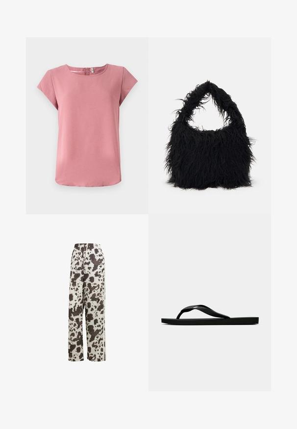 Różowa bluzka z krótkim rękawem o gładkiej fakturze, okrągłym dekolcie i zamku błyskawicznym z tyłu. Charakteryzuje się luźnym krojem i zaokrąglonym dołem.; adidas Originals - Spodnie treningowe; Czarne gumowe klapki z teksturowanym paskiem i prostą płaską podeszwą, przedstawione z boku na jasnym jednolitym tle.; Even&Odd - Torba na zakupy