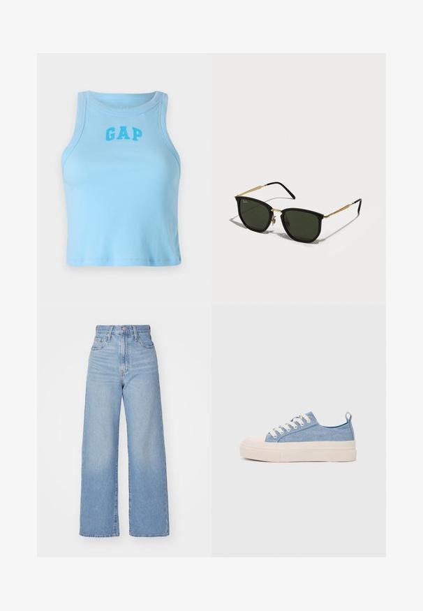 Canotta a righe blu chiaro con scollatura rotonda e logo "GAP" in caratteri in grassetto, caratterizzata da un design aderente e orlo dritto.; Jeans a vita alta blu chiaro con gamba larga, chiusura frontale con bottone e zip, tasche anteriori e posteriori, su uno sfondo bianco.; Sneakers di tela blu chiaro con punta e suola in gomma crema, dotati di lacci bianchi e un cinturino sul tallone.; Occhiali da sole neri a forma di occhio di gatto con lenti verdi, dettagli in metallo dorato e bracci neri sottili. Montatura testurizzata con un audace design geometrico.