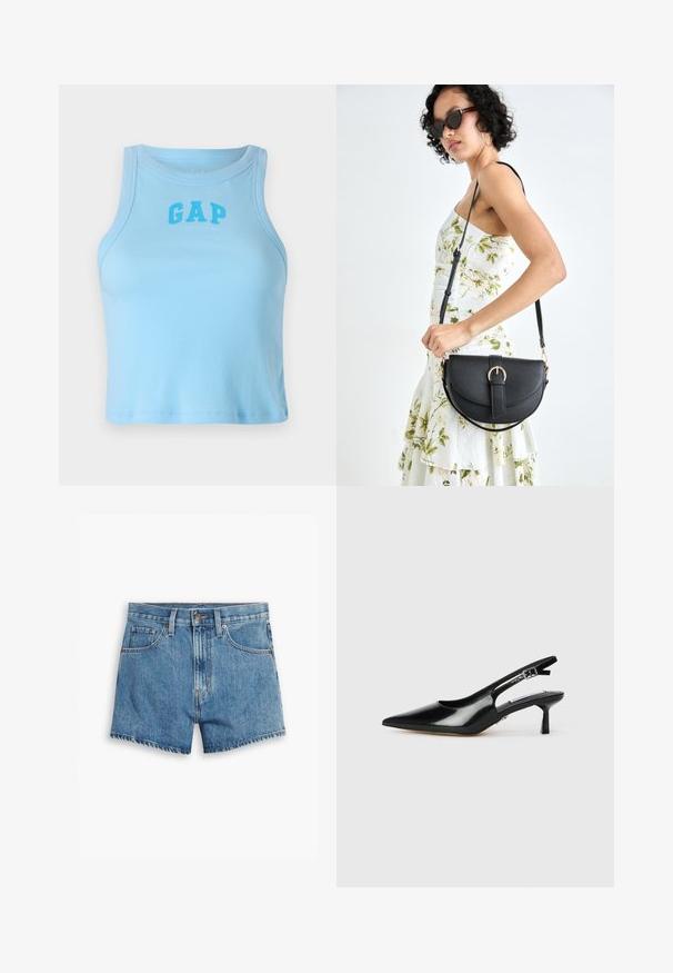 Világoskék bordás ujjatlan felső kerek nyakkivágással és vastag betűtípussal írt "GAP" logóval, testhezálló kialakítással és egyenes aljjal.; Világoskék farmer rövidnadrág, öt zsebbel, cipzáros megoldással és gombos záródással. A szegélyt megkoptatták, és laza szabású dizájn jellemzi.; Fekete patent bőrből készült slingback magassarkú cipők hegyes orral, vékony sarokkal és állítható csattal. Simább textúrájú, minimális részletezéssel.; Fekete bőrtáska ívelt formával, levehető pánttal és arany színű fémrészekkel. A táskán egy csattal díszített fedél található.