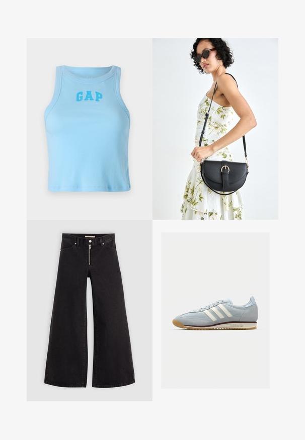 Light blue ribbed tank top with a rounded neckline and "GAP" logo in a bold font, featuring a fitted design and straight hem.; Wide-leg jeans in black denim with a zippered front, five-pocket design, and subtle stitching details. Smooth texture and casual style.; Light blue suede sneaker with white three stripes, rubber sole, and textured mesh. Features a smooth toe cap and branding on the heel.; Black leather handbag with a curved shape, detachable strap, and gold hardware. The bag features a flap with a buckle detail.