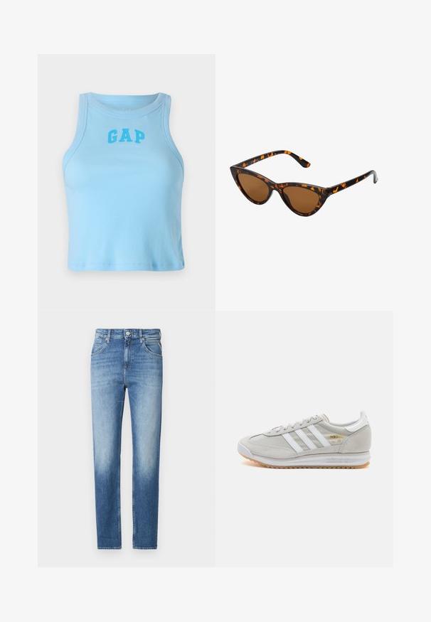 Light blue ribbed tank top with a rounded neckline and "GAP" logo in a bold font, featuring a fitted design and straight hem.; Light blue denim jeans with a straight fit, faded texture, five pockets, and a button closure at the waist. Distinctive stitching detail.; Light grey sneaker made of suede and mesh, featuring three white stripes, round toe, and a gum rubber sole. Gold logo accent near laces.; Cat-eye sunglasses with a black and orange tortoiseshell frame, brown lenses, and sleek, pointed tips. Features a minimal logo on the temple.