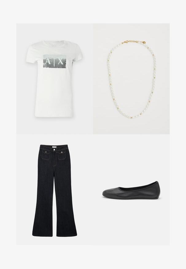 Weißes Baumwoll-T-Shirt mit einer rechteckigen Pailletten-Grafik in Grautönen und hellgrün, mit den Buchstaben "A" und "X" in der Mitte.; Cremfarbener Kurzarmtop mit geraffter Textur, V-Ausschnitt und Knopfverschluss. Leichtes Material mit dezenten Puffärmeln.; Schwarze, ausgestellt geschnittene Jeans aus Denim mit hoher Taille, zwei Fronttaschen und orangefarbenen Nähten. Das Material wirkt robust und glatt.; Schwarze Leder-Ballettschuhe mit abgerundeter Spitze, glatter Textur, minimalen Nähdetails und einem flexiblen Sohlen-Design.; Perlenkette mit abwechselnd weißen ovalen Perlen und kleinen goldenen Perlen, ausgestattet mit einem goldenen Verschluss zum Sichern. Insgesamt glatte Textur.