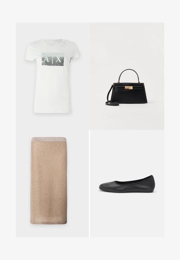 Balta medvilninė marškinėlių su trumpomis rankovėmis, pasižyminti stačiakampio formos blizgučių grafika pilkšvų ir šviesiai žalių atspalvių, kurio centre įkomponuoti rašmenys „A“ ir „X“. ; Smėlinis megztas šalikas su subtiliu blizgesiu, tekstūruotu paviršiumi ir šviesesne apvadu viršutiniame krašte. Stačiakampio formos.; Juodai odiniai baletai su apvaliu pirštu, lygi texture, minimalus siuvimo detales ir lanksčiu padų dizainu.; Juodas odinis rankinukas su struktūrine trapezoidine forma, auksinė hardware užsegimas ir kontrastinga balta siuvinėjimo. Įskaičiuotas trumpas rankenos ir ilgas dirželis.