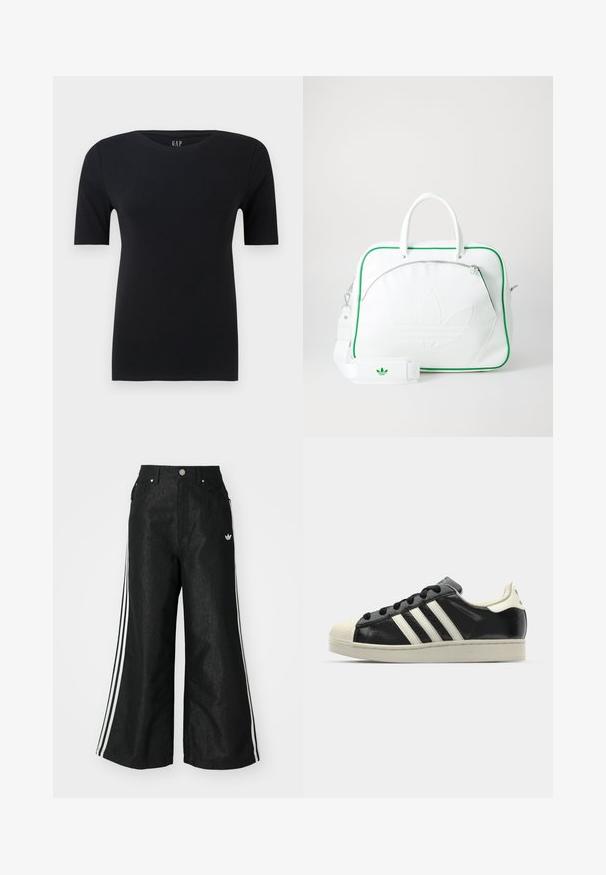 Fekete, rövid ujjú póló, puha pamutból készült, kerek nyakkivágással és laza fazonnal, minimális varrásokkal és látható minták nélkül.; Fekete, bő szárú farmernadrág, mindkét oldalon három fehér csík díszítéssel és egy kis fehér logóval. Elölzsebekkel és gombos záródással rendelkezik.; Fekete bőrsneaker fehér csíkokkal, gumírozott orral, fekete fűzővel és krém színű talppal. Simaság és fényes felület jellemzi.; Fehér bőr táska zöld díszítéssel, kiemelkedő domborított logóval, dupla füllel, levehető pánttal és cipzáras elülső zsebbel.