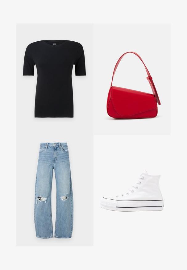 T-shirt preto de manga curta feito de algodão macio, apresentando uma gola redonda e um corte descontraído, com costuras mínimas e sem padrões visíveis.; Jeans de lavagem clara, de cintura alta, feitos de denim. Apresentam pernas largas, duas áreas rasgadas nos joelhos e o estilo clássico de cinco bolsos.; Sapatilha alta de tela branca com sola de borracha preta, bico de borracha na frente e seis ilhós para os atacadores, apresentando um design limpo e minimalista.; Bolsa de mão em couro vermelho com um design angular e geométrico. Apresenta uma única alça ajustável e um fecho com aba, com detalhes cosidos.