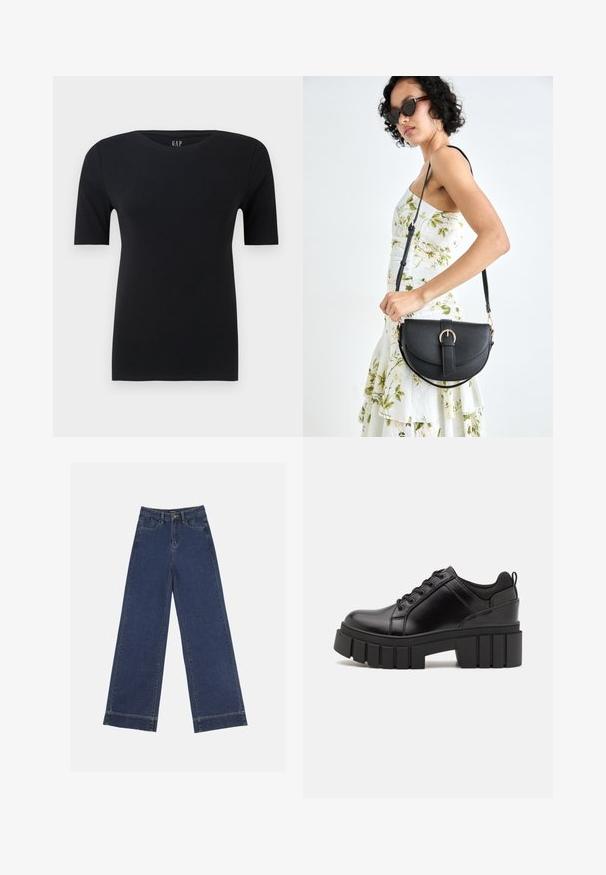 Schwarzes kurzärmliges T-Shirt aus weicher Baumwolle, mit rundem Halsausschnitt und lässiger Passform, mit minimalen Nähten und ohne sichtbare Muster.; Weite Jeans in dunkelblauem Denim. Verfügt über fünf Taschen, Gürtelschlaufen und einen rohen Saum am unteren Ende mit sichtbaren Nahtdetails.; Schwarze Lederplateauschuhe mit klobigem Blockabsatz, runder Zehenpartie und traditionellem Schnürdesign. Verfügt über eine glatte Textur und minimale Details.; Schwarze Lederhandtasche mit geschwungener Form, abnehmbarem Tragegurt und goldenen Beschlägen. Die Tasche verfügt über einen Deckel mit einer Schnallen-Details.