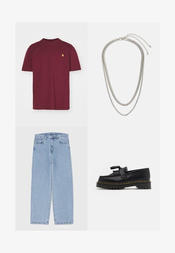 Carhartt WIP AMERICAN SCRIPT - Basic T-shirt - malbec; Light blue denim jeans with straight leg design, featuring a mid-rise waist, five pockets, and a button and zipper closure.; Black leather loafer with a tasseled accent, featuring a chunky black sole and yellow stitching along the edge. Textured finish.; Three-layered silver metal necklace featuring sleek, flexible chains with a slight sheen, secured with a lobster clasp and adjustable chain.