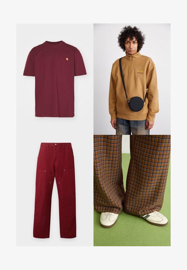 Carhartt WIP AMERICAN SCRIPT - Tricou basic - malbec; Pantaloni din bumbac burgundy cu croi drept, dotati cu două buzunare frontale, elemente metalice argintii și accente la genunchi. Textură netedă, greutate medie.; Pantaloni largi cu carouri maro și albastru, asociați cu pantofi albi cu accente negre și tălpi texturate, împotriva unui fundal verde.; Sweatshirt din fleece cu fermoar pe jumătate, de culoare maronie, cu logo brodat, purtat cu o geantă crossbody rotundă, neagră, cu fermoar și detalii cu logo, peste blugi.