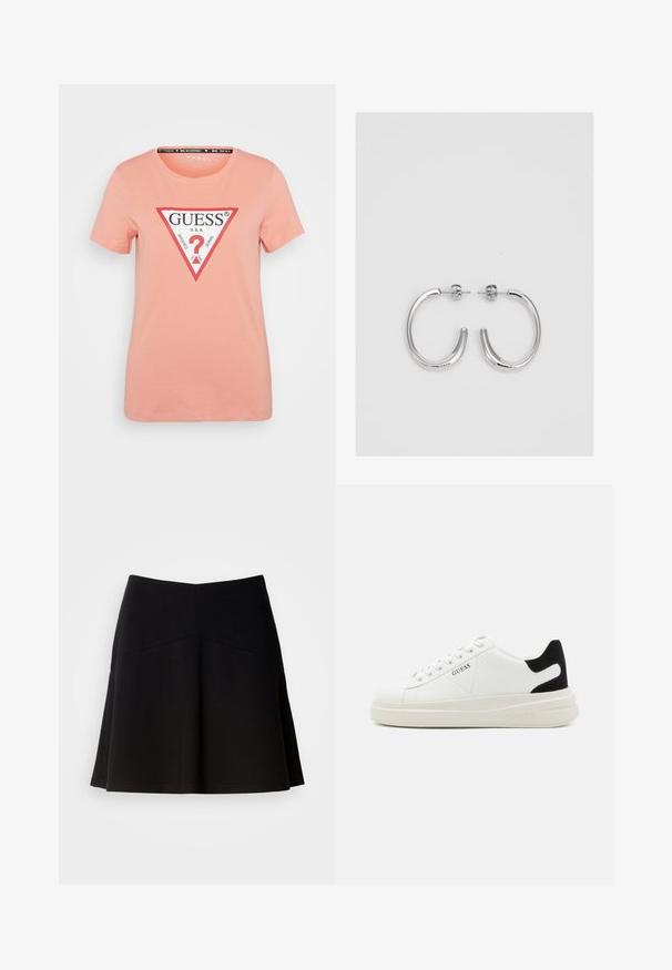 Tricou din bumbac de culoare piersică, cu mâneci scurte, decolteu rotund, având un logo triunghiular în roșu și negru cu textul "GUESS U.S.A.".; Fustă neagră evazată, realizată dintr-un material moale, cu o talie ajustată și detalii de cusătură. Textură netedă cu un design simplu și clasic.; Adidași din piele albă cu o talpă groasă albă, accent de călcâi din suede negru și logo embosat pe lateral. Design cu șireturi și șase orificii.; Cercei rotunzi din argint cu un finisaj neted și strălucitor. Design ușor, având o formă rotundă și închidere cu tijă.