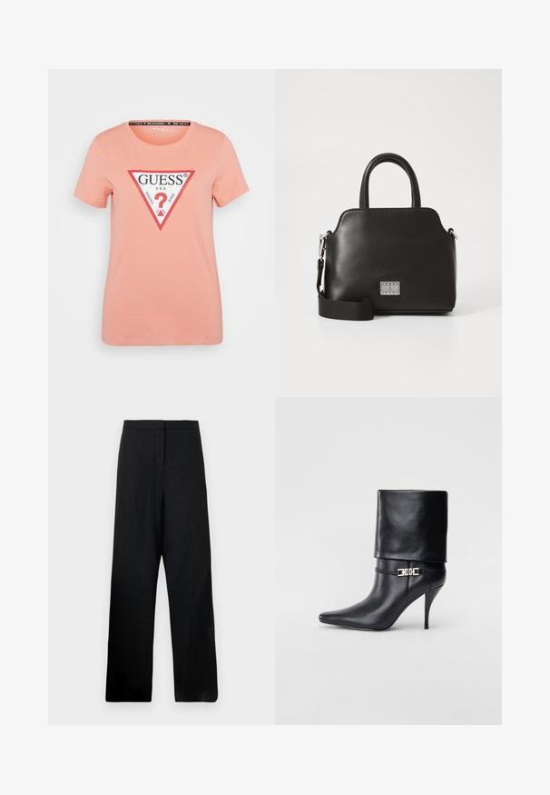 Pfirsichfarbene Baumwoll-T-Shirt mit kurzen Ärmeln und Rundhalsausschnitt, mit einem dreieckigen Logo in Rot und Schwarz, das den Text "GUESS U.S.A." trägt.; Schwarze weite Hose aus leichtem Stoff. Hat eine glatte Textur, eine hohe Taille und minimale Nähte.; Schwarze Leder-Ankle-Boots mit spitzer Zehenpartie, hohen Stiletto-Absätzen, umgeschlagenem Schaft und einem goldenen dekorativen Schnallen-Detail an der Knöchel.; Schwarze synthetische Handtasche mit oberen Griffen, abnehmbarem Schultergurt, runder Form, glatter Textur und silbernem Logo-Akzent auf der Vorderseite.