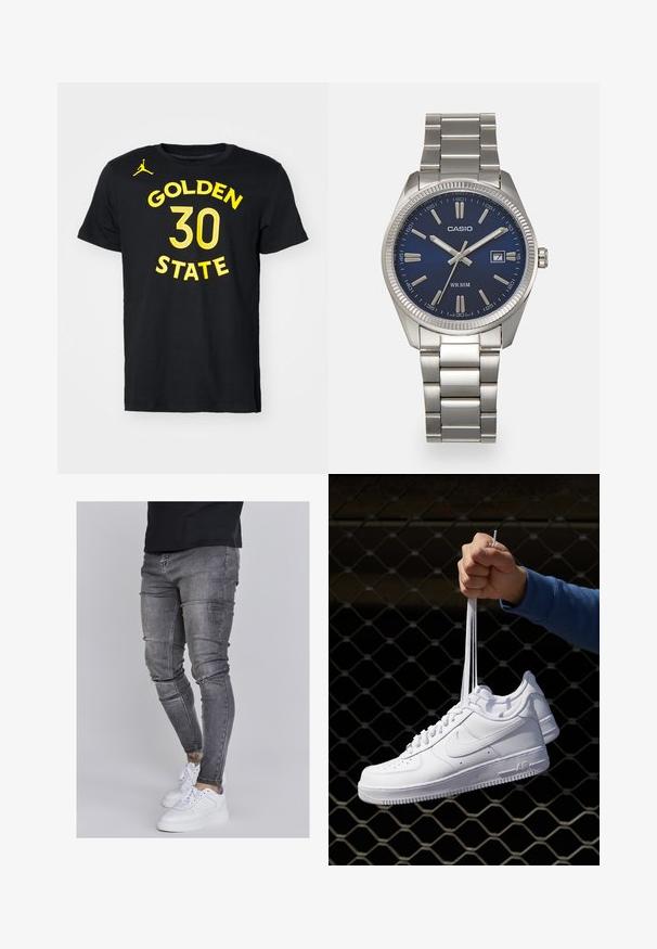 Nike Performance NBA GOLDEN STATE WARRIORS STEPHEN CURRY TEE - Sporto klubų atributika - black; Lieknos džinsai iš išbluko pilkos džinsinės medžiagos, su pažeidimais keliuose, derinami su baltais sportiniais batais. Lygi tekstūra, siauras siluetas.; Balti odiniai sportiniai bateliai su perforacijomis, apvalia nosimi, plokščiu padu ir storomis raištelėmis, su matomu swoosh logotipu ir "AIR" ant kulno.; Sidabrinis nerūdijančio plieno laikrodis su tamsiai mėlynu ciferblatu, metaliniais valandų žymenimis ir datos langeliu 3 valandą. Atsparus vandeniui iki 50 metrų.