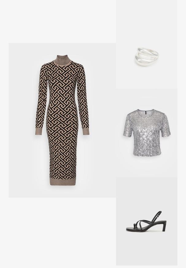 Sidabrinis trumpas rankovėmis viršus, pasižymintis tekstūruotu dizainu su persidengiančiais monstreliais iš blizgučių. Trumpas kirpimas su apvaliu iškirpimu.; Ilga rankovė, megzta suknelė su aukšta kaklo linija, puošta geometriniu juodu ir smėlio spalvos raštu, banguotomis rankovėmis ir prigludusia siluetu.; Juodi šlepetės su kvadratiniu pirštu ir žemu bloku kulnu. Yra keli ploni dirželiai ir reguliuojamas kulkšnies diržas. Pagaminti iš lygios odos.; Juodas odinis per petį nešiojamas krepšys turi lygų paviršių, stačiakampio formą ir metalinę grandinėlę priekyje. Pridedama reguliuojama dirželis.; Sidabrinis dvigubas žiedas su lygiu, poliruotu paviršiumi. Pasižymi sklandžiu, kreiptu dizainu su persipinančiomis dalimis, suteikiančiomis modernų išvaizdą.