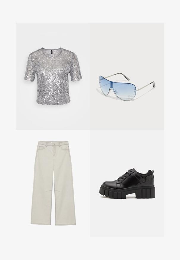 Strieborný krátky rukáv top s textúrovaným dizajnom, zdobený prekrývajúcimi sa oblúčkami flitrov. Krátky strih s okrúhlym výstrihom.; Svetlošedé nohavice s voľným strihom, s piatimi vreckami, so zapínaním na prednom gombíku a kontrastným prešívaním pozdĺž švov. Tkanina vyzerá mäkko a odolne.; Čierne kožené platformy s masívnym blokovým podpätkom, okrúhlou špičkou a tradičným šnurovaním. Má hladký povrch a minimálne detaily.; Pilotné slnečné okuliare s prechodovým modrým sklom, strieborným kovovým rámom a ozdobnými hviezdičkovými akcentmi na sklách. Hladký a elegantný dizajn.