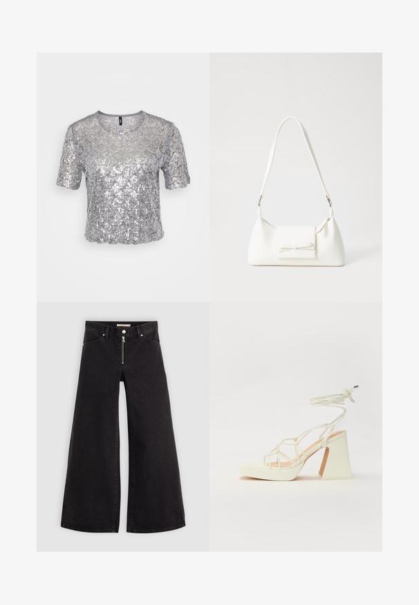 Srebrna majica kratkih rukava s teksturiranim uzorkom koji sadrži preklapajuće školjke od šljokica. Kratak kroj s okruglim izrezom.; Široke traperice od crnog denima s prednjim zatvaračem, dizajnom s pet džepova i suptilnim detaljima šivanja. Glatka tekstura i ležeran stil.; Bijela sandala na visokoj potpetici s debelim petom, s remenom i vezanjem oko gležnja. Glatka tekstura s platformom sprijeda za dodatnu visinu.; Bijela sintetička torbica s trokutastim oblikom, ravnim prednjim poklopcem i detaljem u obliku mašne, podesivom remenom, glatkom teksturom i minimalističkim dizajnom.
