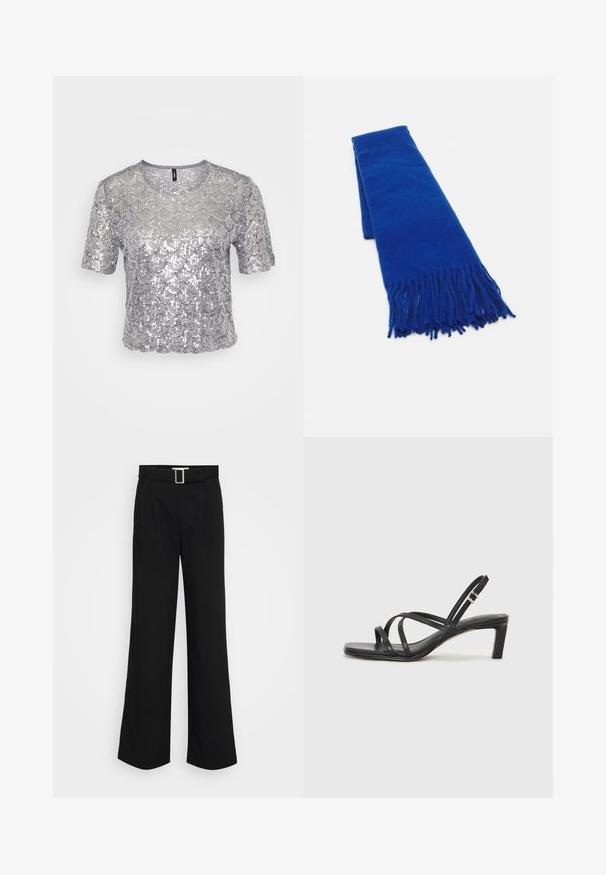 Srebrna kratka majica s kratkimi rokavi, ki vsebuje teksturiran dizajn z prekrivajočimi se školjkami iz sekvinc. Kratek kroj z okroglim izrezom.; Črne široke hlače iz lahkega materiala, ki se ponašajo z gladko teksturo, sprednjimi gubami in pasom s kvadratno kovinsko zaponko.; Črne natikače s trakovi in kvadratnim prstom ter nizkim blokastim peto. Imajo več tankih trakov in nastavljiv trak okoli gležnja. Narejene so iz gladkega usnja.; Modra tkana šal s resicami na koncih, gladka tekstura, pravokotna oblika in enotna barva po celotni dolžini. Primeren za hladno vreme.