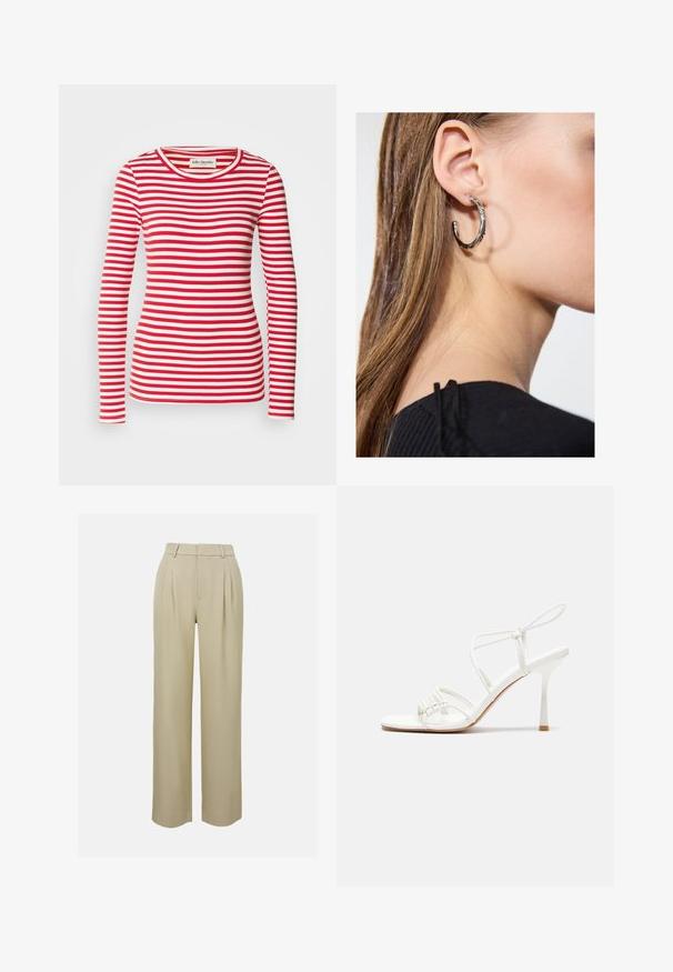 Sark ar garām piedurknēm, svītrota sarkanā un baltā krāsā ar apaļu kakla izgriezumu. Rievota tekstūra visā virsmā. Uzraksts redzams kakla izgriezumā.; Bēšas platā kāju bikses, izgatavotas no gludas auduma, ar priekšējiem krokām, piegrieztiem jostas galiem un sānu kabatām. Tīrs apakšmala apdare.; Baltas striķu augstpapēžu sandales ar plakanu pirkstu daļu, teksturētu priekšpusi ar saveltiem akcentiem un šauru potītes siksniņu.; Sudraba auskars ar pulētu apdari, ar maziem zelta akcentiem un apaļu formu, uz ausu ļipiņas.