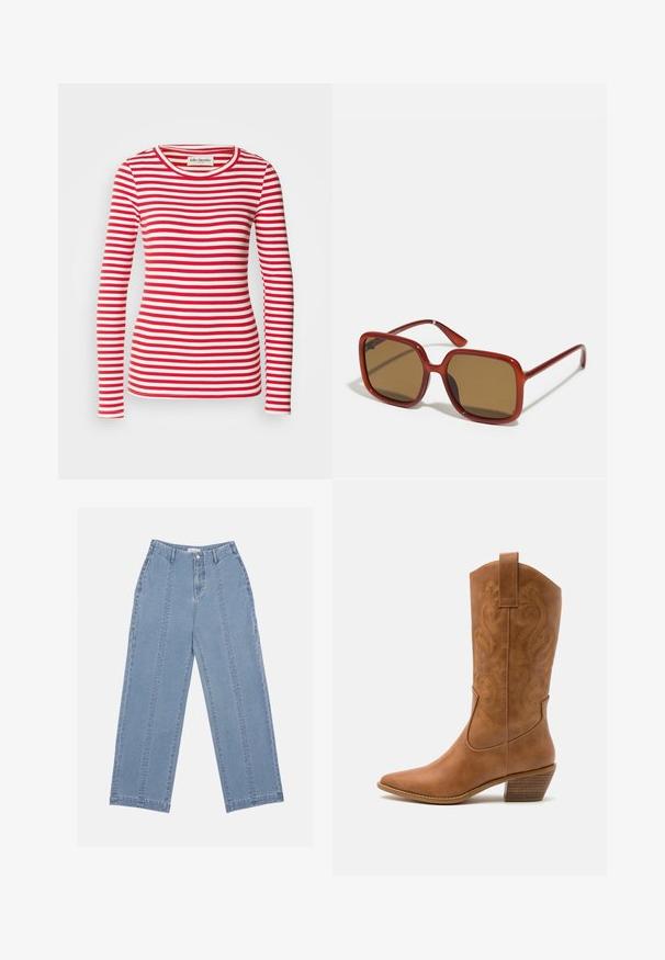 Roter und weiß gestreifter Langarmoberteil mit rundem Ausschnitt. Ribbelstrucktur über das gesamte Oberteil. Etikett sichtbar am Ausschnitt.; Hellblaue weite Jeans aus Denim. Mit hoher Taille, Knopfschluss und sichtbaren Nähten. Auf der Vorderseite sind keine Taschen sichtbar.; Braune Leder-Cowboy-Stiefel mit spitzem Zehenbereich, bestickten Wirbelmustern am Schaft und einem gestapelten Blockabsatz. Verfügt über einen Ziehriemen für das einfache Anziehen.; Rote quadratische Sonnenbrillen mit braun getönten Gläsern. Dicke, glänzende Rahmen und schlanke Bügel mit kleinen Details an der Seite für visuelles Interesse.