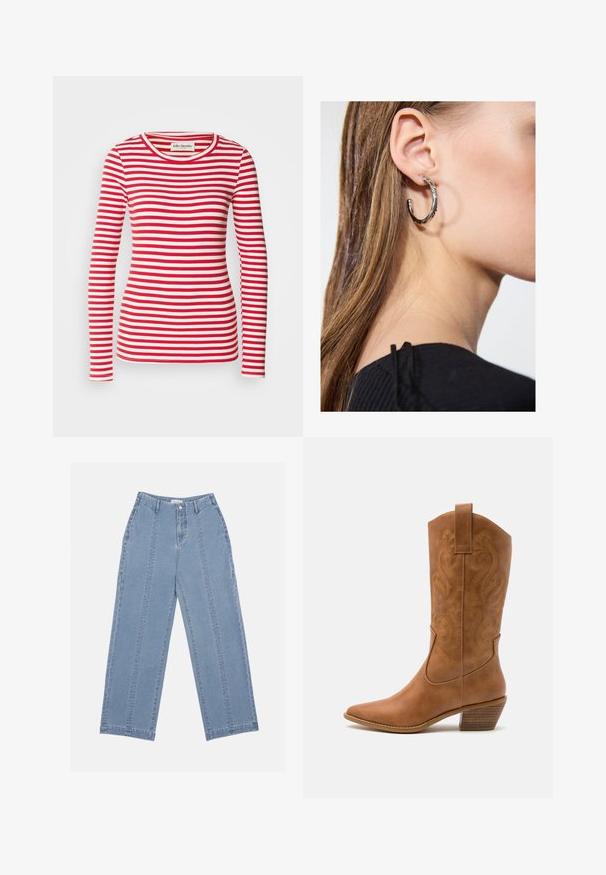 Punane ja valge triibuline pika varrukaga särk ümmarguse kaelusega. Ribikujuline tekstuur kogu ulatuses. Silt on nähtav kaeluses.; Heledad sinine laiad püksid, mis on valmistatud denimist. Omavad kõrget talje, nupuvärvi ja nähtavat õmblust. Esiküljel ei ole nähtavaid taskuid.; Kohvitooni nahast cowboy-kork, millel on terav varvas, tikitud keerised varrel ja virnastatud ploki konts. Omab tõmbeava, et seda oleks lihtne jalga panna.; Hõbedane rõngas kõrvarõngas poleeritud viimistlusega, millel on väikesed kuldsed aktsendid ja ümmargune kuju, kantud lobus.