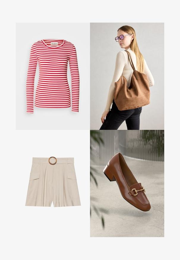 Dugi rukav majica s crveno-bijelim prugama i okruglim izrezom. Cjelovit rebrasti uzorak. Oznaka vidljiva na izrezu.; Bež kratke hlače visokog struka sa širokim ravnim pojasom, drvenom okruglom kopčom, plisiranim prednjim dijelom i dvije bočne džepove. Glatka tekstura tkanine.; Smeđi lakirani loafer s kvadratnim vrhom, metalnim lancem kao naglaskom i niskom blok petom; glatka tekstura, minimalistički dizajn.; Smeđa suede torba sa mekom teksturom, širokim otvorom i dugim trakama. Ima jednostavan dizajn s vidljivim šavovima i bez hardvera.